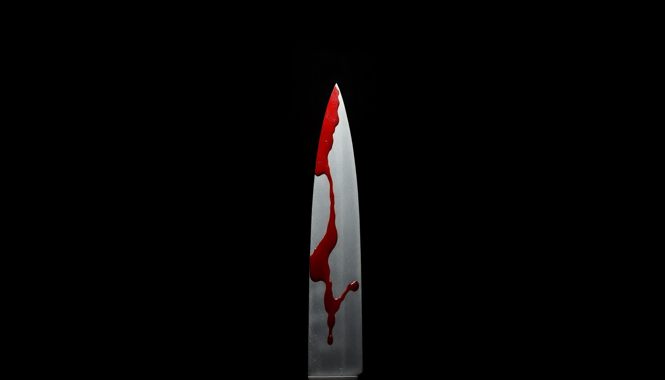 An extreme close-up of a single bloodied knife blade, reflecting a harsh, direct flash of light against a pitch-black background, conceptually illustrating the violence of a recent apartment stabbing incident.