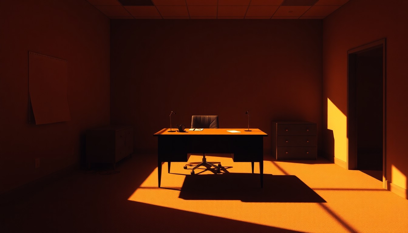 A dimly lit, cinematic painting of an empty office desk in warm, diagonal sunlight and deep shadows, conceptually representing the political fallout from the Epstein scandal.