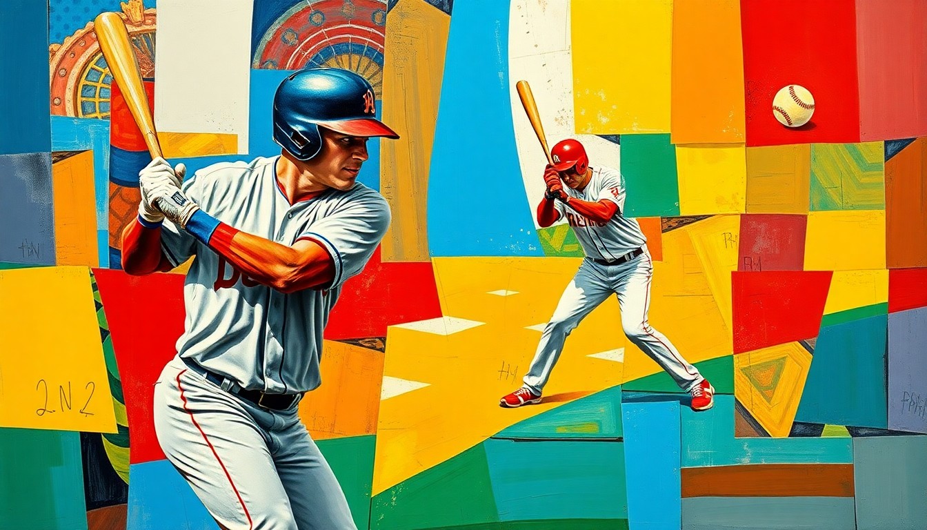 A fragmented, abstract painting depicting baseball players, bats, and balls broken down into sharp, overlapping geometric shapes and planes in a vibrant color palette, conveying the excitement and intensity of the sport.
