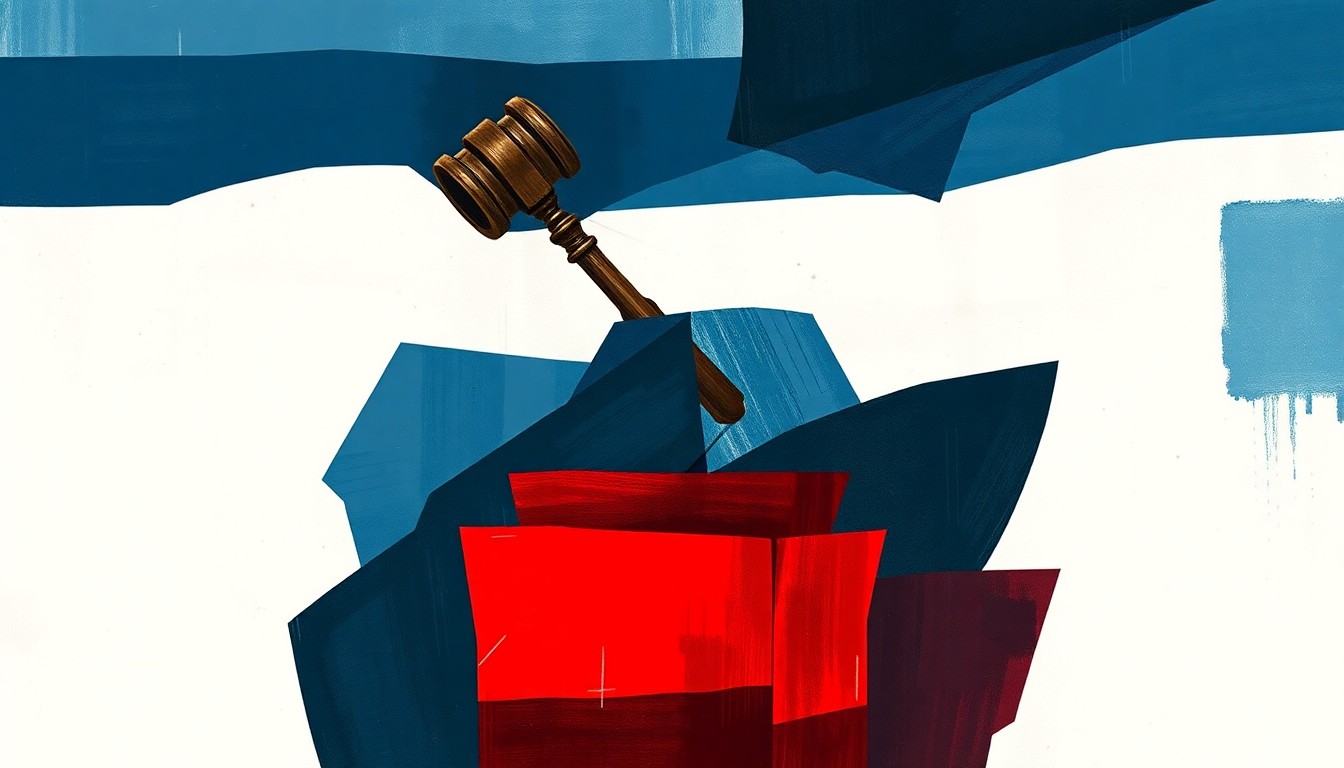 A fractured, abstract painting in shades of blue, red, and grey, depicting the symbols of government - a gavel, ballot box, and podium - in an overlapping, turbulent composition that conveys the tumultuous nature of the potential expulsion proceedings.