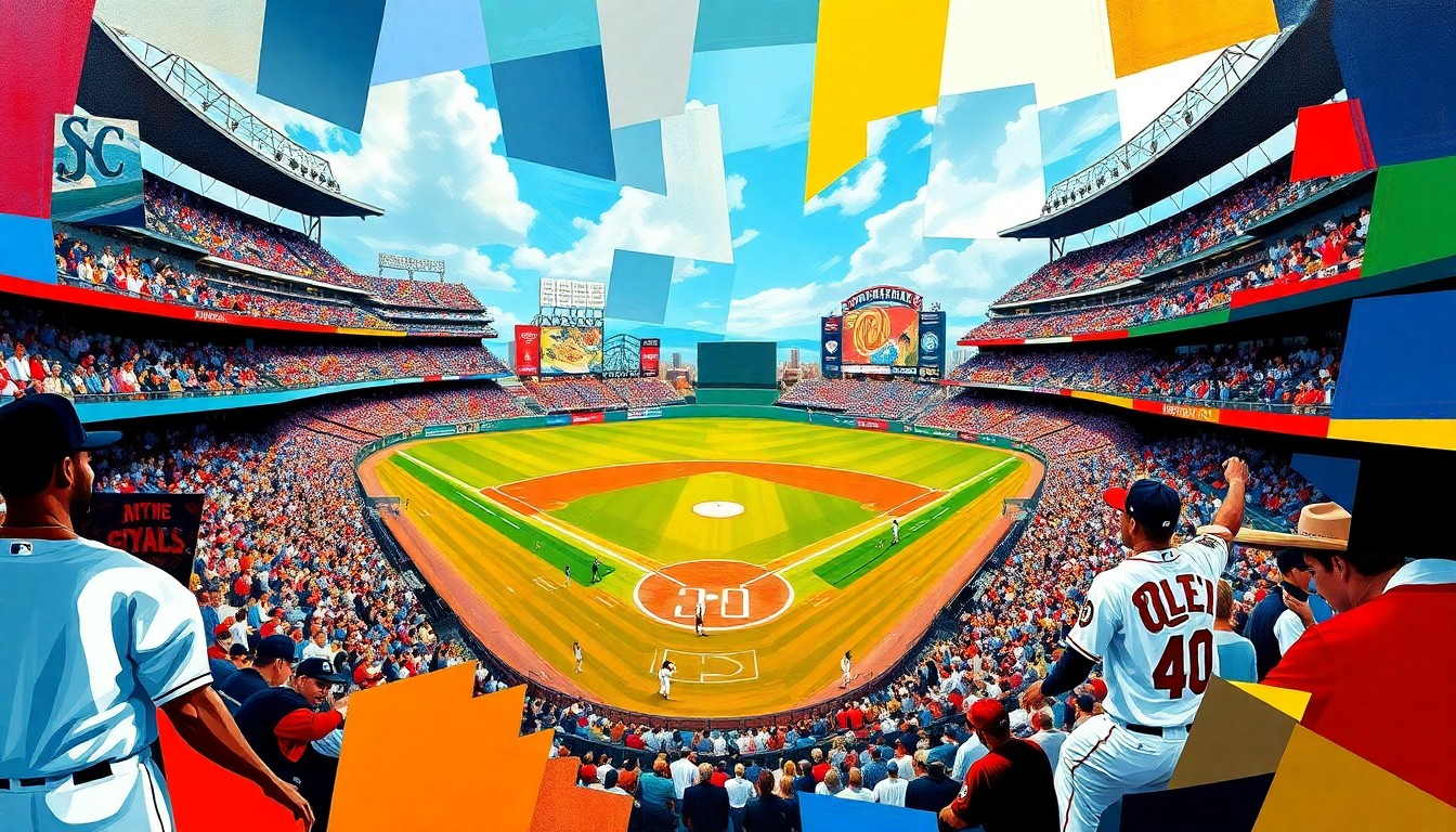A fractured, geometric painting depicting a baseball game between the Pittsburgh Pirates and Washington Nationals, with sharp, overlapping planes of color representing the players, field, and energy of the contest.