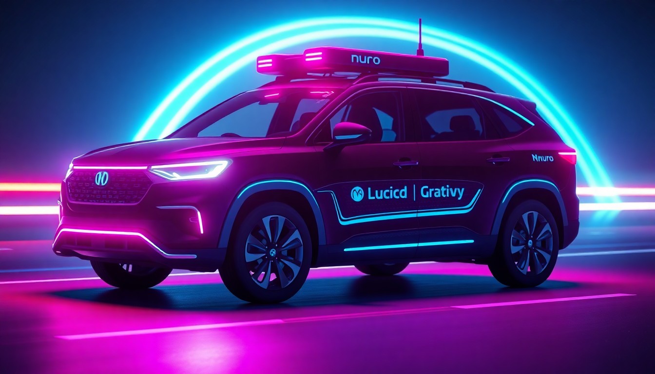 A highly detailed, glowing 3D macro illustration of a Lucid Gravity SUV with Nuro's autonomous driving sensors and hardware illuminated by neon cyan and magenta lights, conceptually representing the advanced technology powering this new robotaxi service.