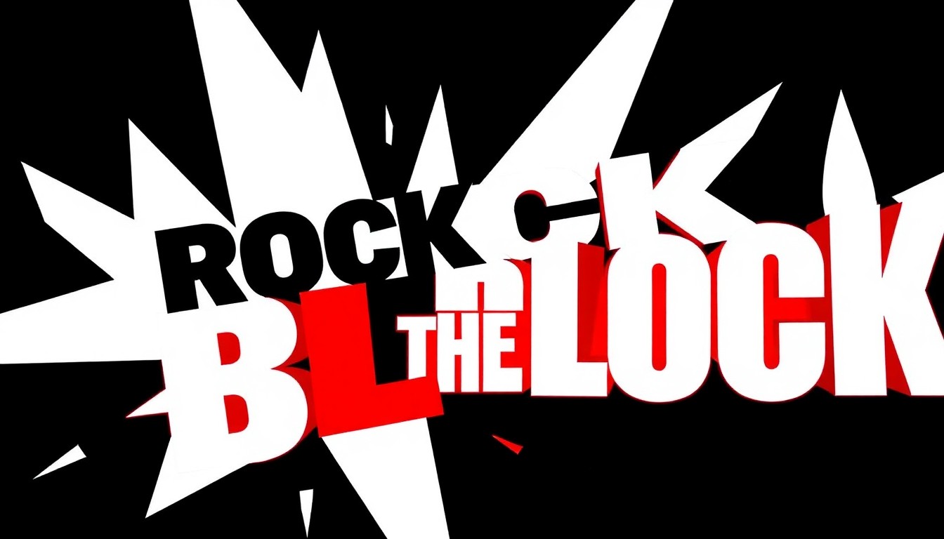 A striking abstract illustration featuring bold, geometric shapes in black, white, and red, capturing the competitive energy and dramatic flair of HGTV's home renovation challenge show 'Rock the Block'.