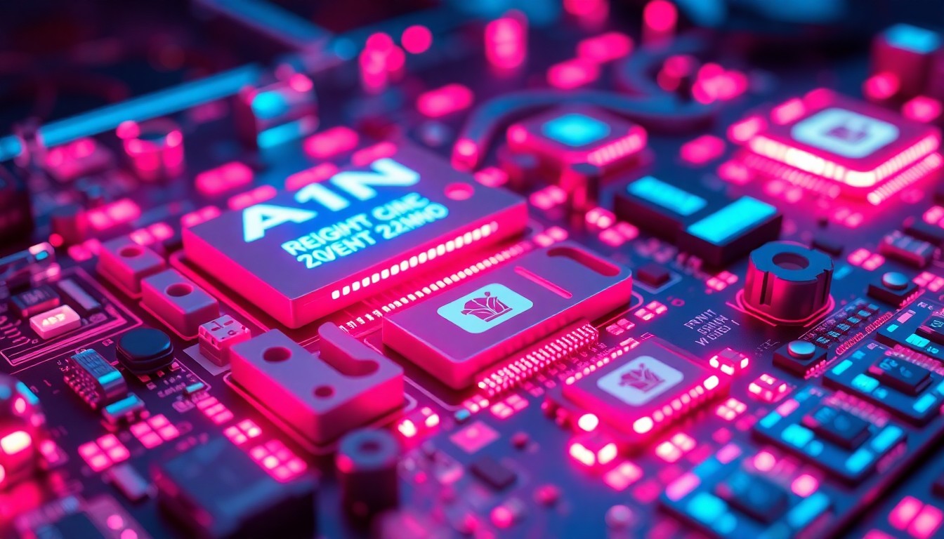A highly detailed, glowing 3D illustration of an AI-powered grant writing system, with various circuit boards, microchips, and other technological components emitting vibrant neon cyan and magenta lights, conceptually representing the innovative technology empowering nonprofits to secure vital funding.