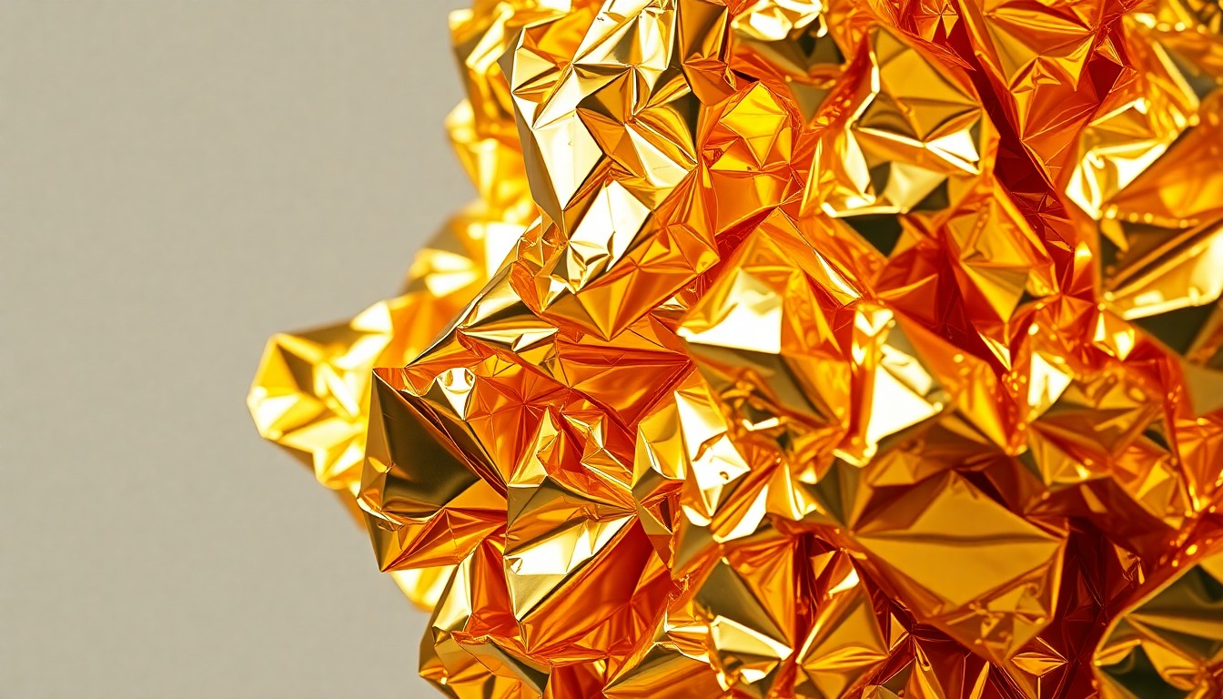 An abstract close-up photograph of highly textured, crumpled gold foil material, capturing the luxurious, high-contrast aesthetic of the music industry and celebrity culture.
