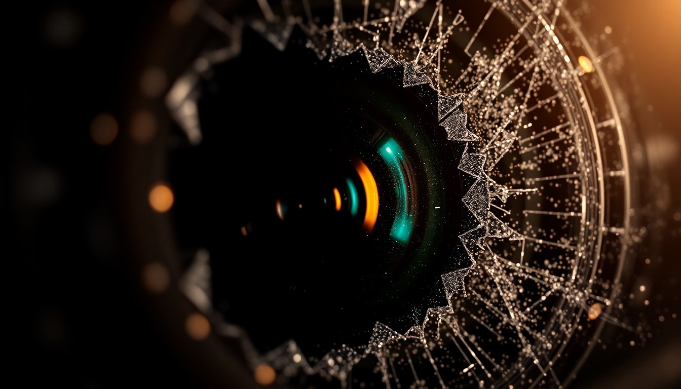 An extreme close-up of a shattered and glittering camera lens, capturing the high-stakes and glamorous world of television production.
