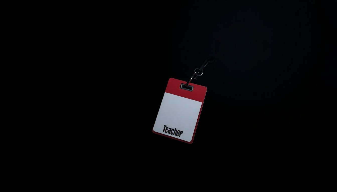 An extreme close-up photograph of a teacher's ID badge or classroom key, reflecting a bright flash of light against a pitch-black background, conceptually representing the serious allegations of a teacher abusing their position of authority.