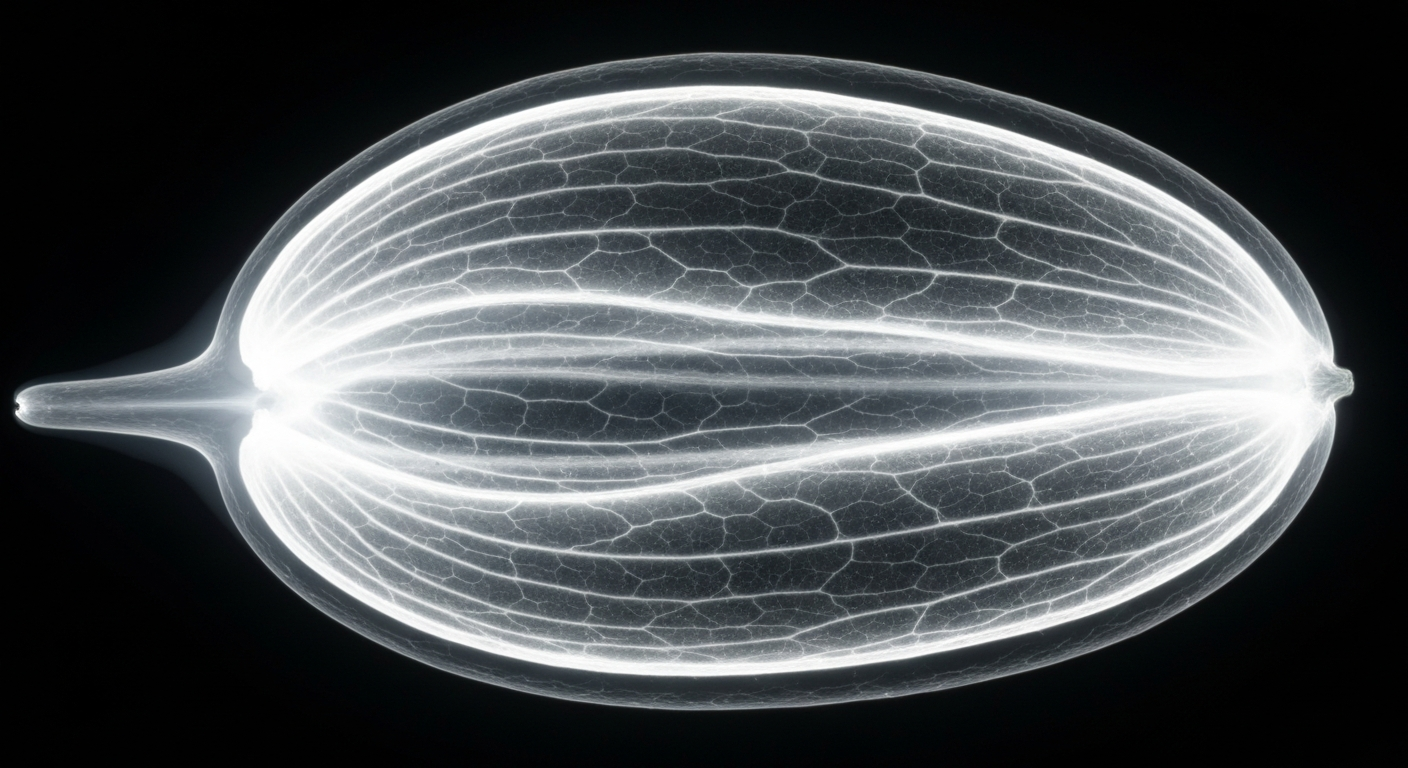 An extreme close-up X-ray photograph showing the intricate internal structure of a miracle fruit, with its glowing, ghostly lines against a dark background, conceptually representing the fruit's potential to restore taste for cancer patients.