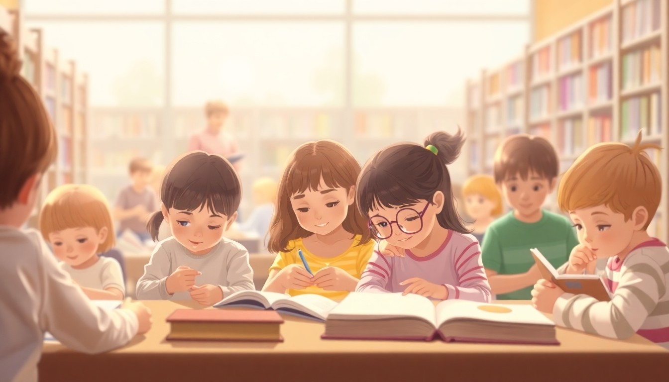 A blurred, dreamlike photograph showing the silhouettes of children engaged in various activities at a library, with the scene bathed in a warm, hazy glow of soft light and color.