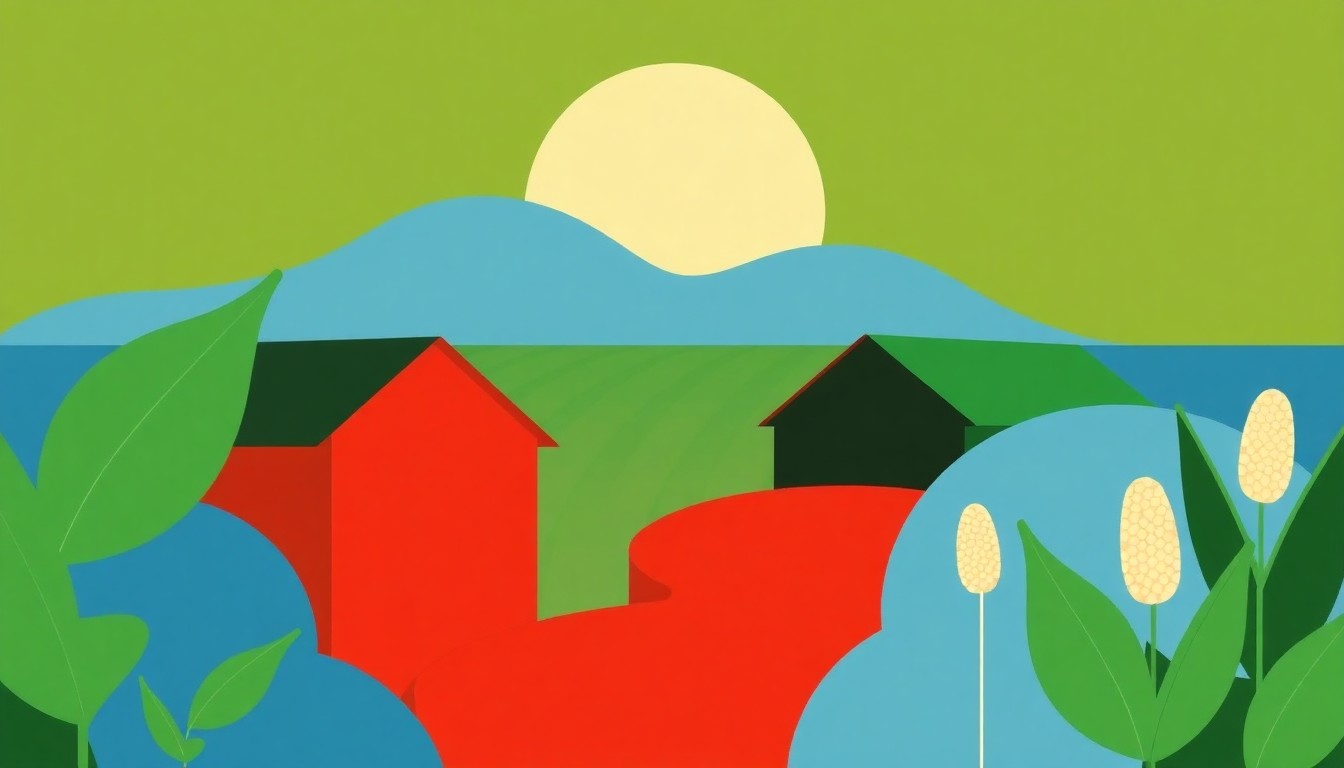 A composition of overlapping triangles and rectangles in shades of blue, green, and red, conceptually representing the financial pressures facing soybean farmers in the Midwest.