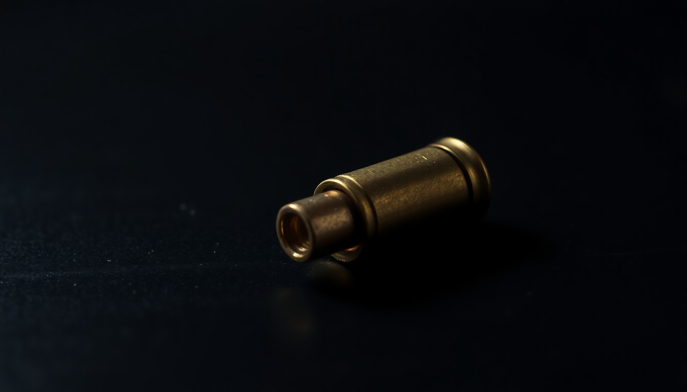 An extreme close-up photograph of a single spent bullet casing on a dark surface, lit by a harsh direct flash to create a stark, gritty, investigative aesthetic.