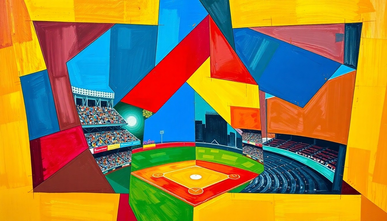 A cubist, geometric painting depicting a baseball game broken down into overlapping planes of vibrant colors, capturing the dynamic energy and strategic complexity of the new Automated Ball-Strike system.