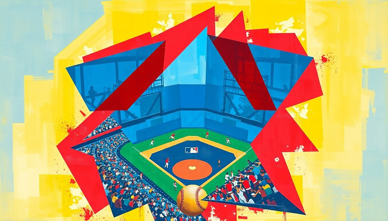 A cubist-style painting featuring overlapping geometric shapes in shades of red, blue, and yellow, conceptually representing the fragmented and disjointed nature of the Cincinnati Reds' offense this season.