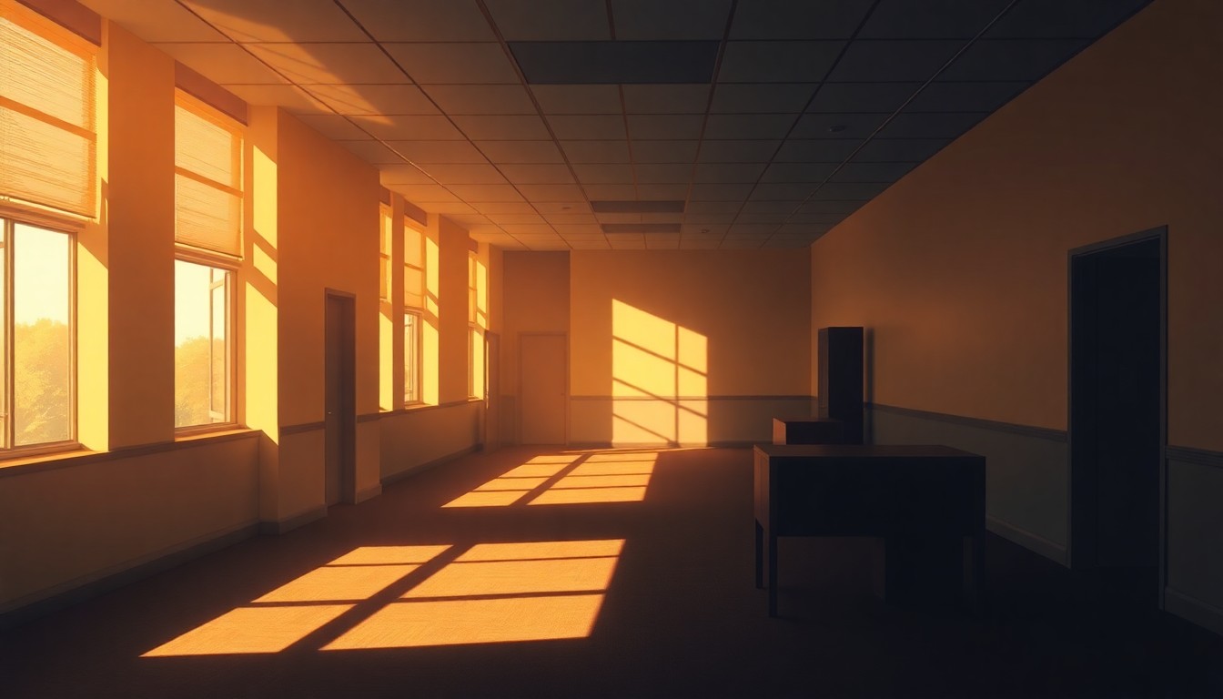A dimly lit, cinematic painting of an empty county government office space, with warm sunlight streaming in through the windows and deep shadows cast across the room, conveying a sense of quiet contemplation and political intrigue.