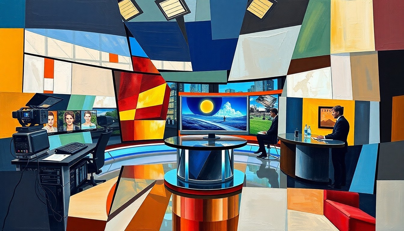 A cubist, geometric painting depicting the fractured elements of a news broadcast studio, including cameras, monitors, and weather graphics, all broken down into abstract shapes and planes of color.