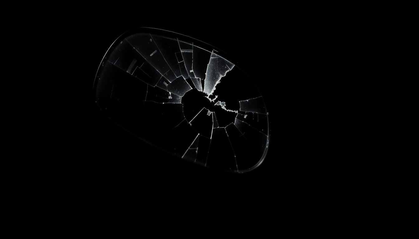 An extreme close-up photograph of a cracked and damaged motorcycle mirror, lit by a harsh, direct camera flash against a pitch-black background, conceptually representing the aftermath of a hit-and-run crash.