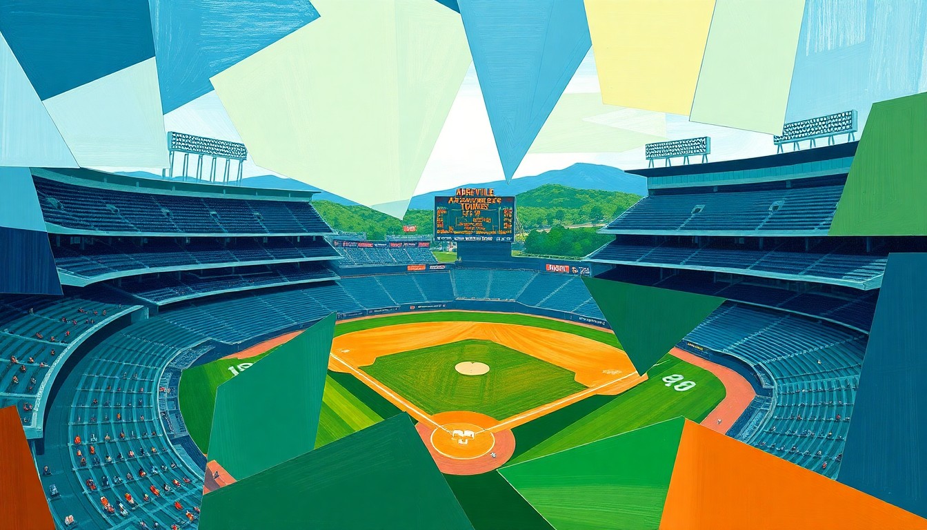 A cubist-style painting depicting the Asheville Tourists' baseball stadium, with the field and stands broken down into sharp, overlapping geometric shapes in shades of blue, green, and orange, conceptually representing the stadium's recent renovations and name change.