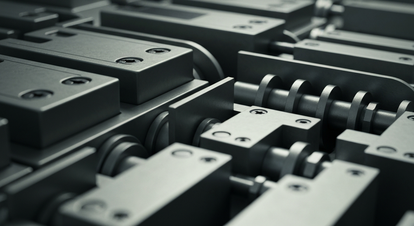 An extreme close-up photograph of gears, levers, and other heavy industrial components that make up the complex machinery of the banking and investment sectors, conveying a sense of the intricate infrastructure behind financial markets and recommendations.