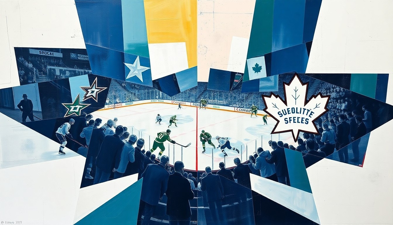 A fragmented, geometric painting depicting a hockey game, with players and the rink deconstructed into sharp, overlapping planes of color and shape.