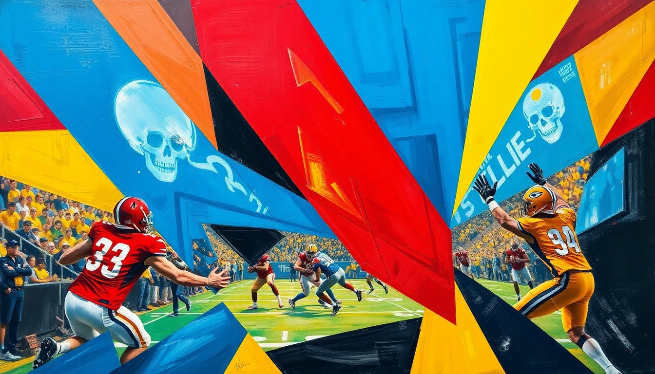 A cubist, geometric painting depicting an intense, fragmented moment from the Battlehawks-Stallions game, with the teams' colors colliding in a dynamic, abstract composition.
