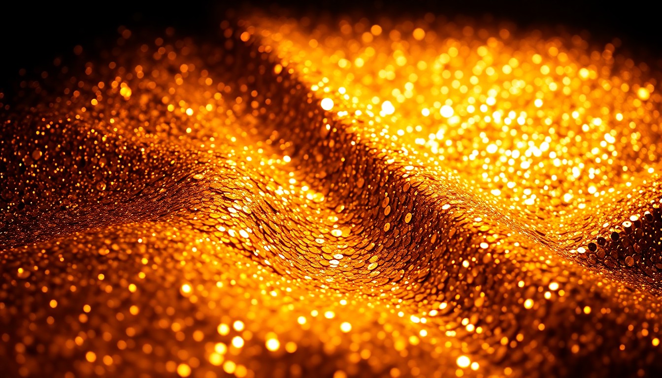 An abstract close-up photograph of shimmering, glittering gold sequins, capturing the luxurious, high-fashion aesthetic of the music industry.