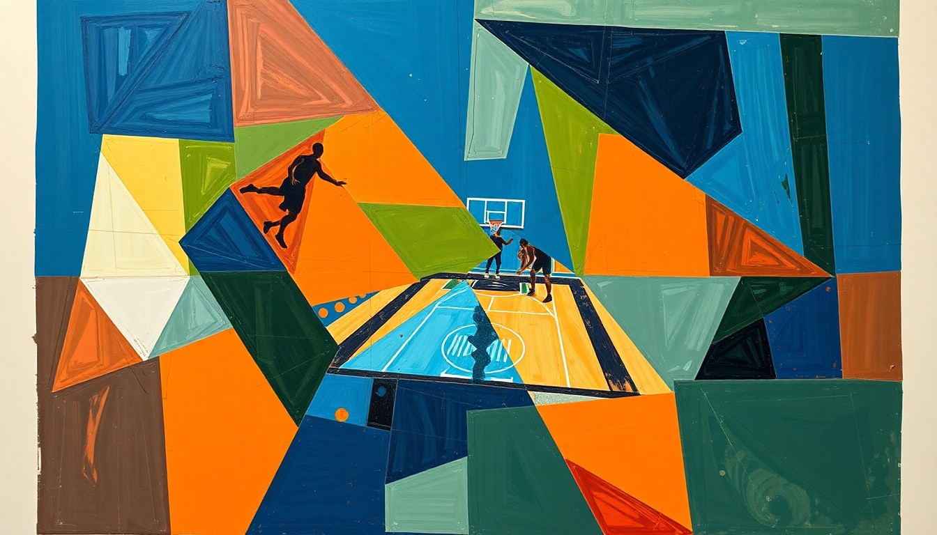 A cubist-style painting featuring sharp, overlapping geometric shapes in shades of blue, orange, and green, conceptually representing the fractured and uncomfortable nature of a live TV segment involving a sports celebrity and an ordinary couple.