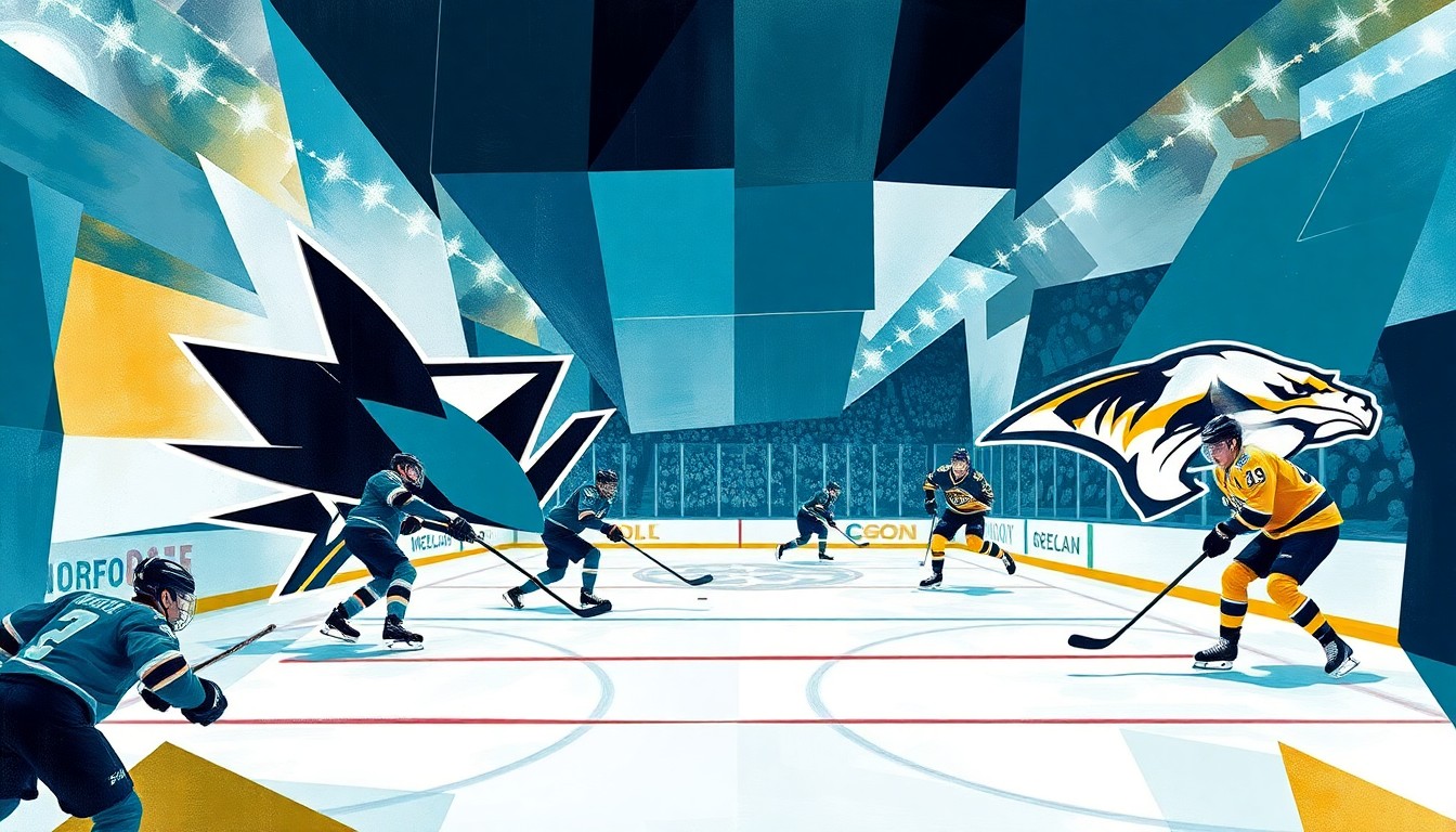 A fractured, multi-perspective painting in the style of Pablo Picasso, breaking down a hockey game between the San Jose Sharks and Nashville Predators into sharp, overlapping geometric planes in teal, navy blue, and gold.