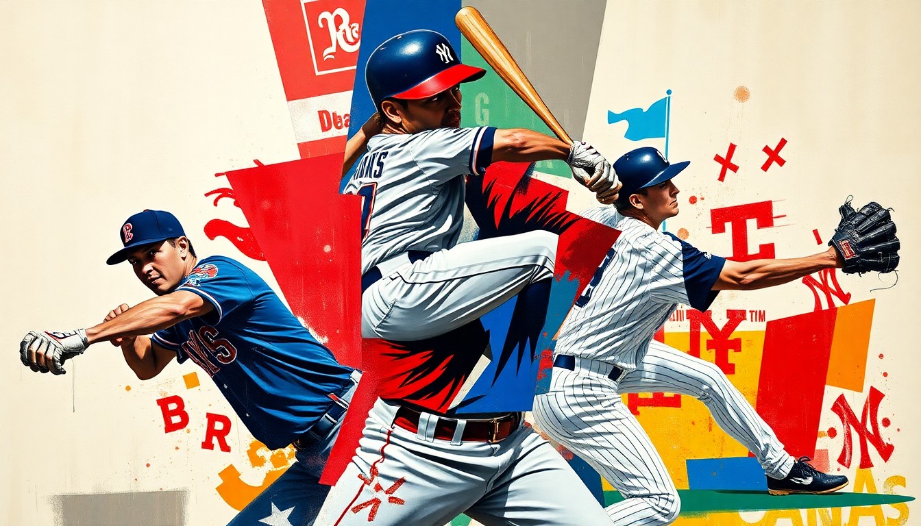 A fractured, multi-perspective painting depicting the dynamic movements of a baseball pitcher, batter, and fielder, rendered in a vibrant cubist style that captures the energy and strategy of the game.