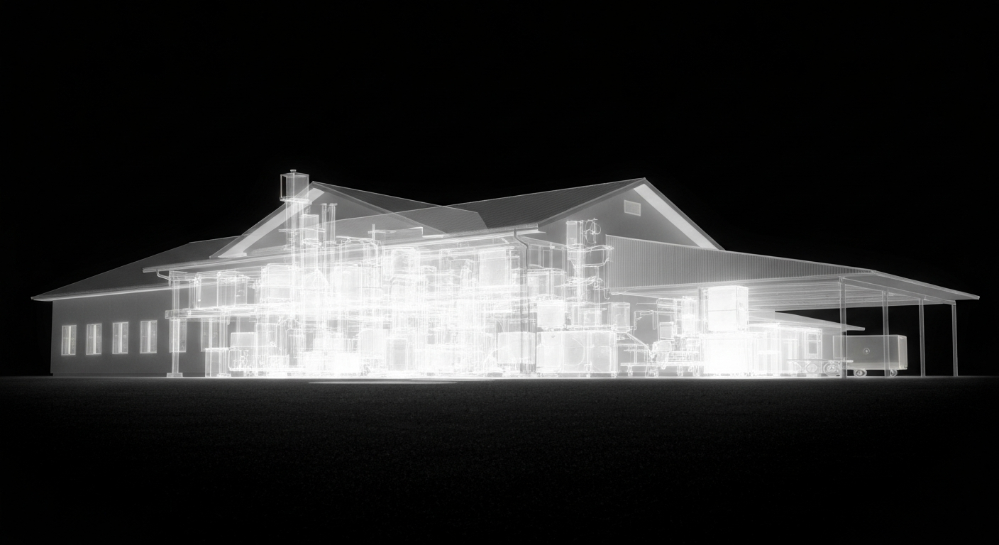 A translucent X-ray photograph showing the internal structure and equipment of a rural hospital building, conveying the clinical excellence and quality care that has earned it national recognition.