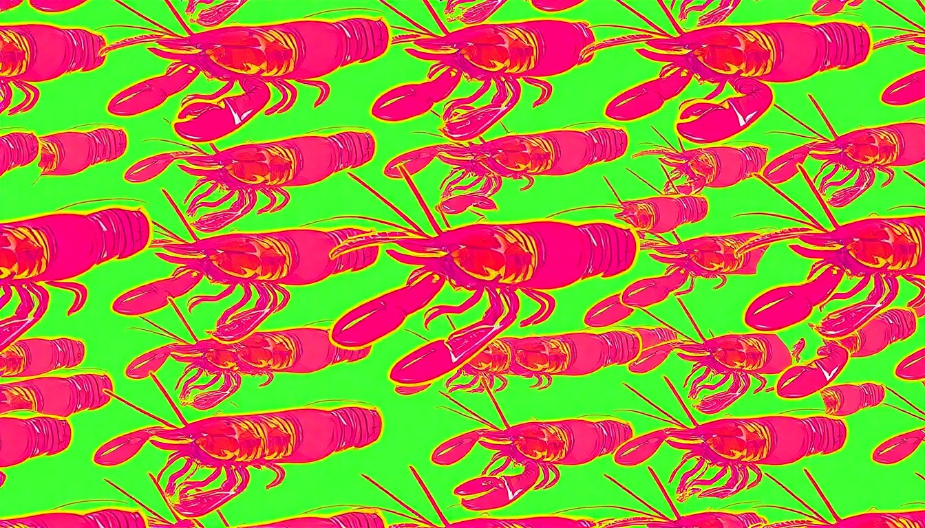 A vibrant, high-contrast silkscreen print of a single crawfish in a spicy garlic butter sauce, repeated in a grid pattern with flat, neon colors and heavy black outlines, conceptually representing the unique fusion cuisine served at Big EZ Seafood.
