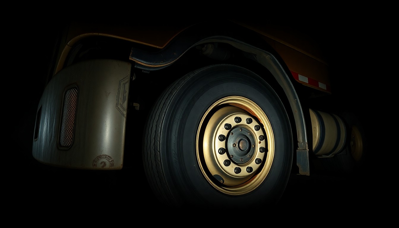 An extreme close-up photograph of a damaged truck tire and wheel well, lit by a harsh, direct camera flash against a pitch-black background, conceptually illustrating the aftermath of a vehicle accident.