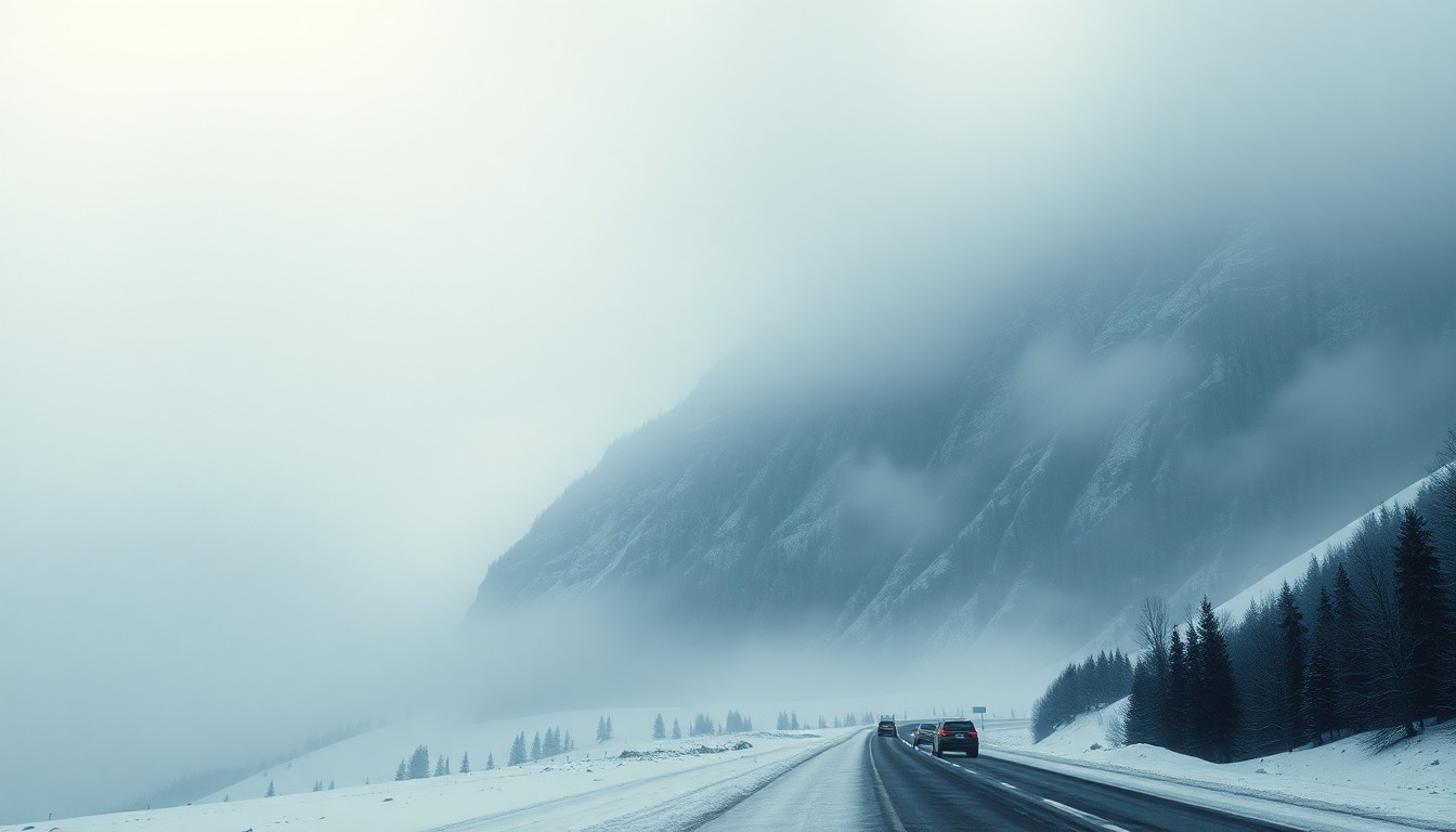 A sweeping, atmospheric landscape painting in muted tones of grey, white, and blue, depicting a snow-covered mountain pass shrouded in heavy fog and haze. The road and any vehicles are barely visible, dwarfed by the towering, ominous peaks that dominate the scene, conveying the overwhelming scale and power of the natural environment.