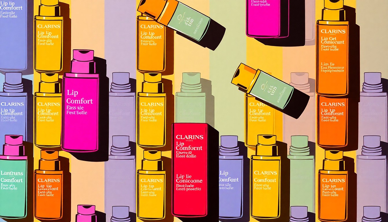 A brightly colored, high-contrast silkscreen print of a single Clarins Lip Comfort Oil bottle repeated in a tight grid pattern, capturing the product's iconic status through a modern pop art lens.