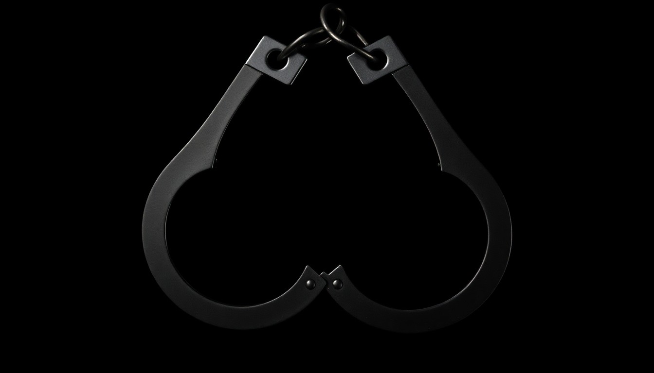 An extreme close-up photograph of a pair of metal handcuffs against a pitch-black background, lit by a harsh, direct camera flash, conceptually representing the law enforcement challenges faced by Sheriff Hardy.