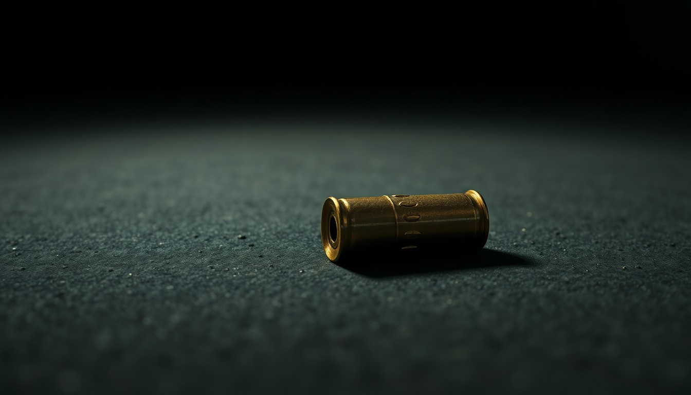 An extreme close-up photograph of a single spent shell casing on a dark concrete surface, capturing the stark, gritty aftermath of a violent crime.