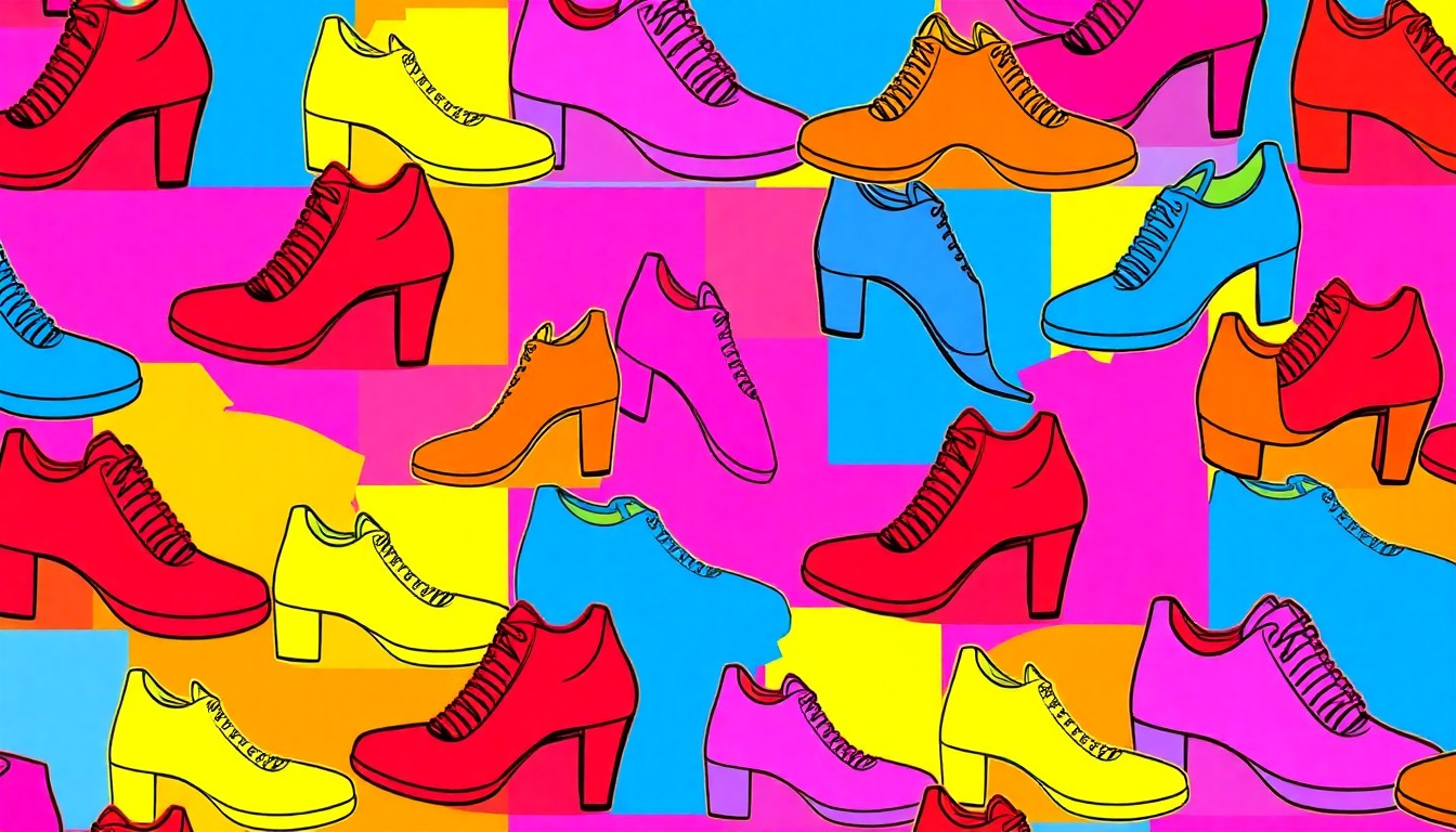 A brightly colored, high-contrast silkscreen print of a single, iconic fashion item such as a shoe or accessory repeated in a tight grid pattern, conceptually representing the fashion show fundraiser that benefited local children's charities.