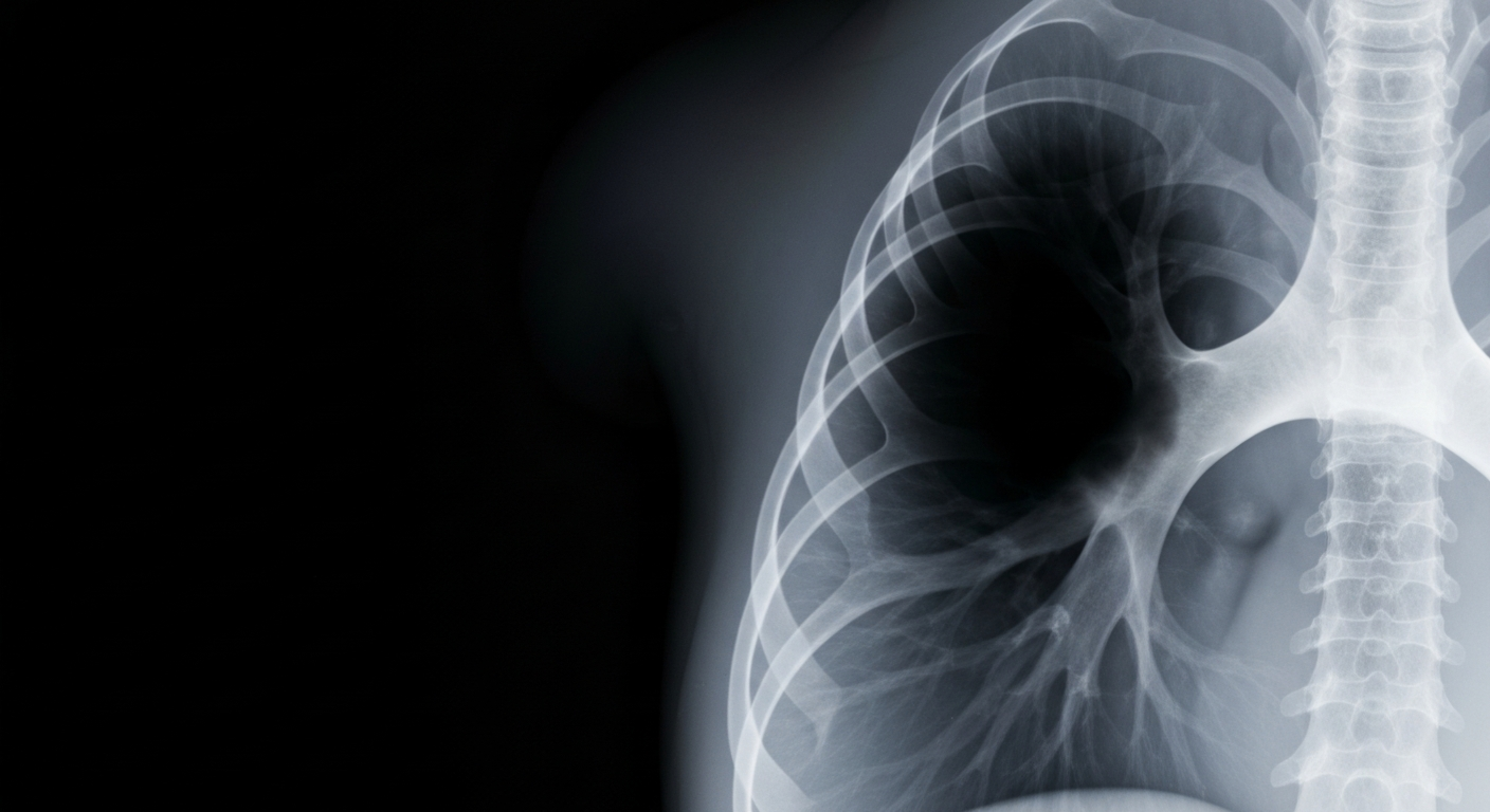 A ghostly, translucent X-ray image showing the internal structure of a human lung partially obscured by a shadowy tumor mass, conceptually representing the aggressive cancer that a former news photographer is fighting.