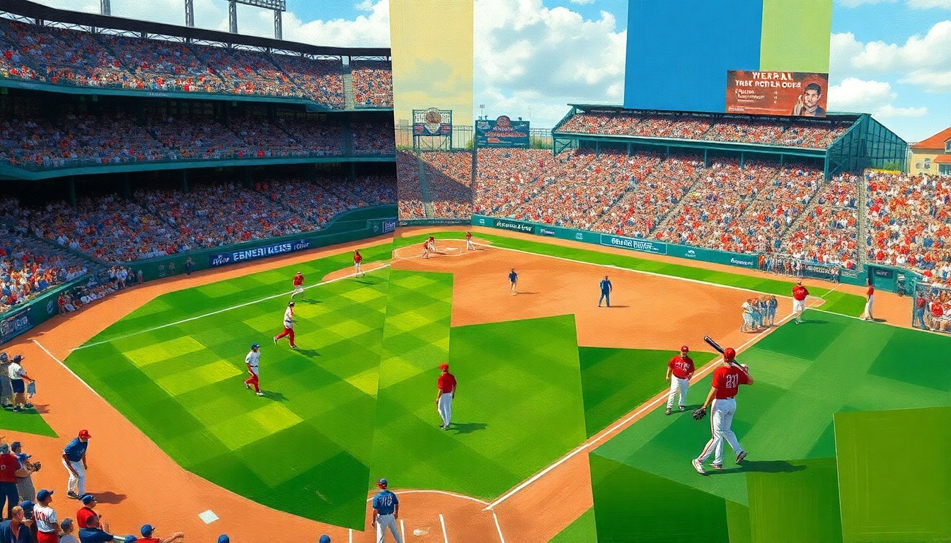 A fragmented, geometric painting depicting the chaotic scene of a college baseball game, with overlapping planes of green, red, and blue representing the field, uniforms, and crowd.