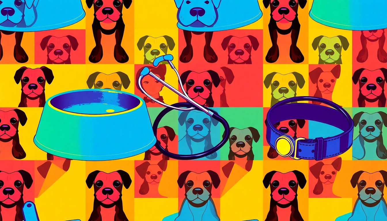 A brightly colored, high-contrast silkscreen print of common pet care items like a dog bowl, stethoscope, and collar repeated in a bold grid pattern, conceptually representing the accessibility of veterinary services.
