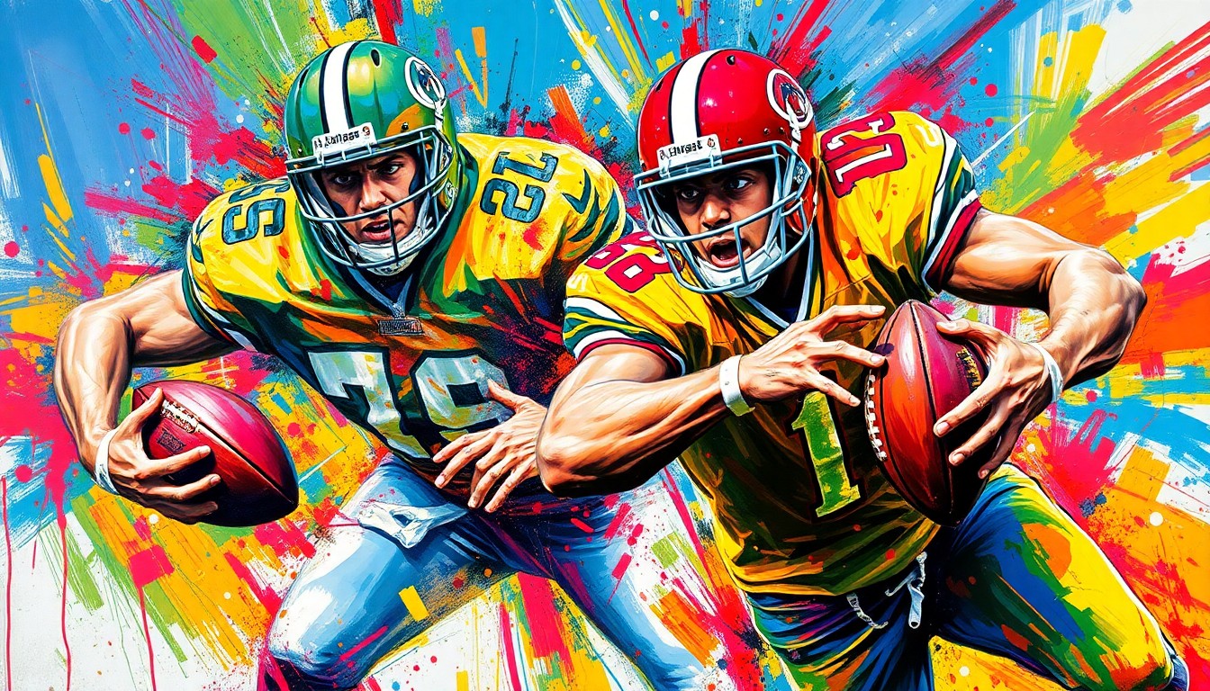 An abstract, energetic painting in vibrant neon colors depicting the powerful movements and raw athleticism of a defensive end rushing the quarterback, with faces and logos dissolving into unrecognizable brushstrokes.