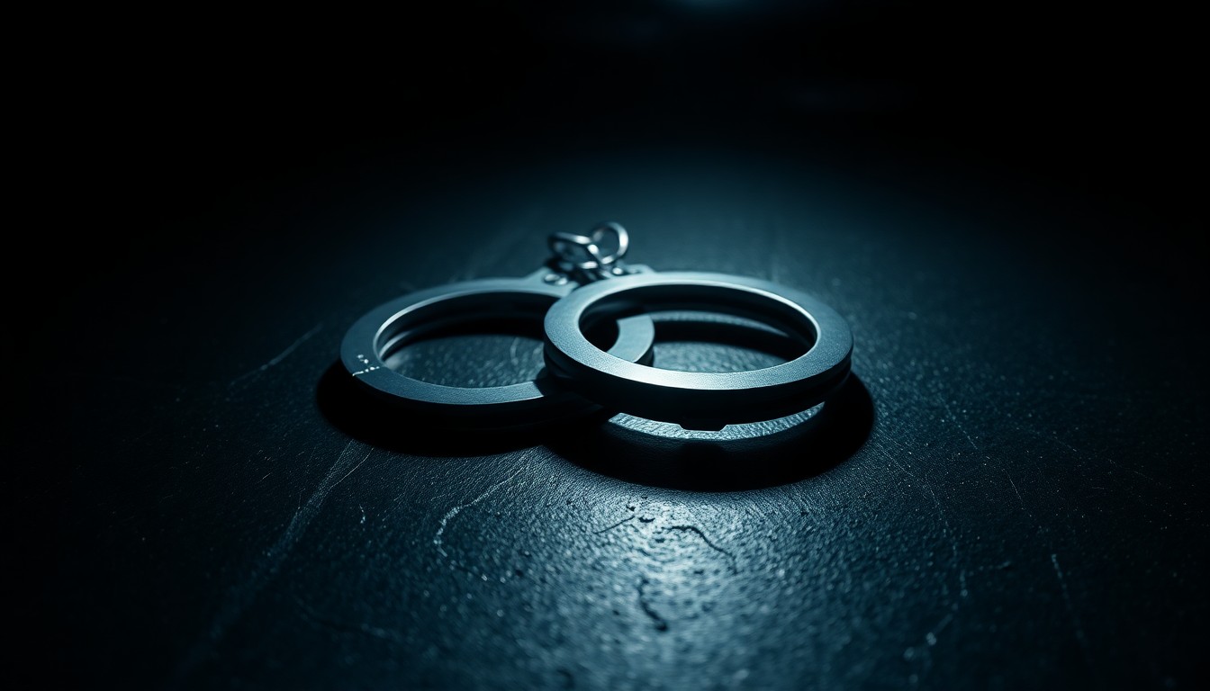 An extreme close-up photograph of a pair of handcuffs on a dark, textured surface, lit by a harsh, direct camera flash, creating a stark, gritty, and investigative aesthetic.