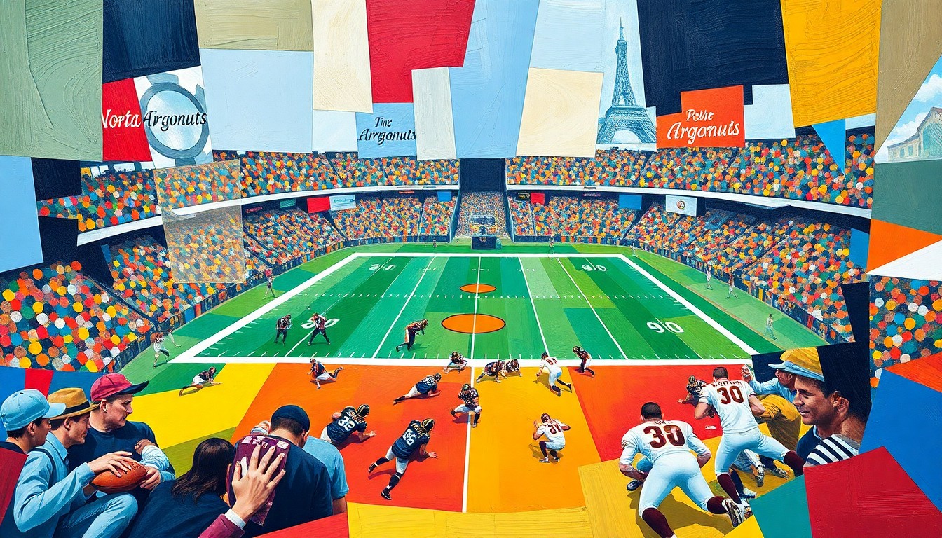 A fractured, geometric painting depicting a football player in motion, with the field and players broken down into sharp, overlapping planes of color, representing the dynamic nature of the sport.