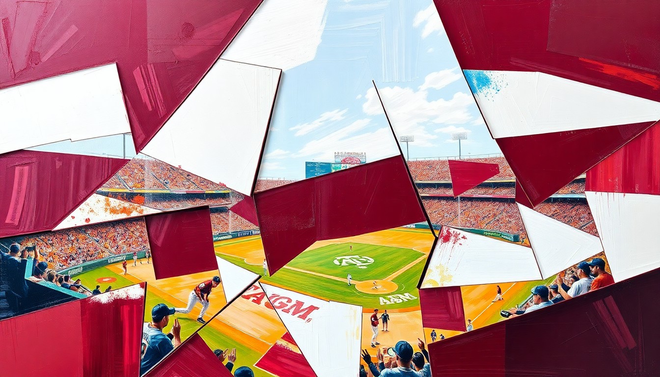 A fractured, cubist-style painting depicting a Texas A&M baseball game or action, with sharp geometric planes in maroon, white, blue, and gold, capturing the dynamic energy and movement of the sport.