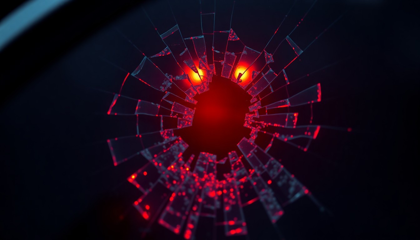 An extreme close-up photograph of shattered car window glass reflecting a faint red light, creating a stark, gritty, and investigative aesthetic without depicting any actual violence or victims.