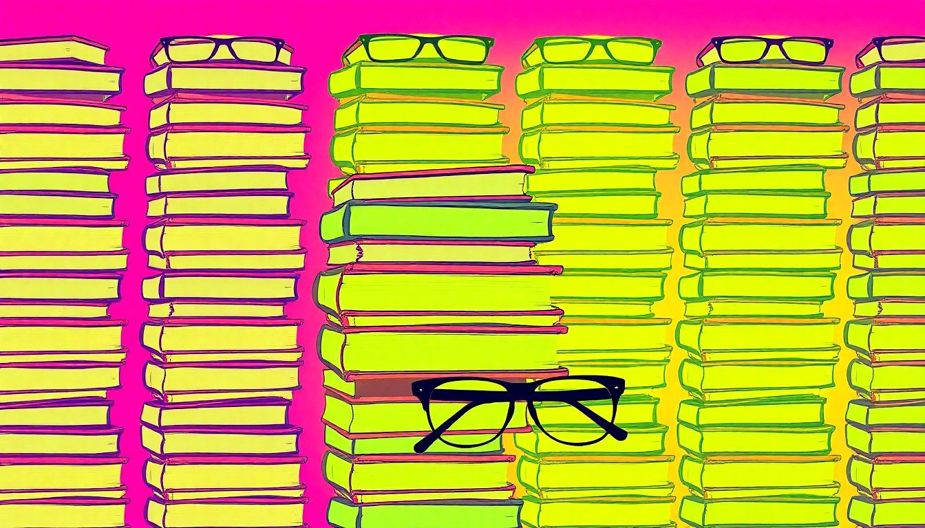 A brightly colored, abstract silkscreen print featuring repeating images of school books and eyeglasses, conceptually representing the need for increased funding and resources to support students with special education needs.
