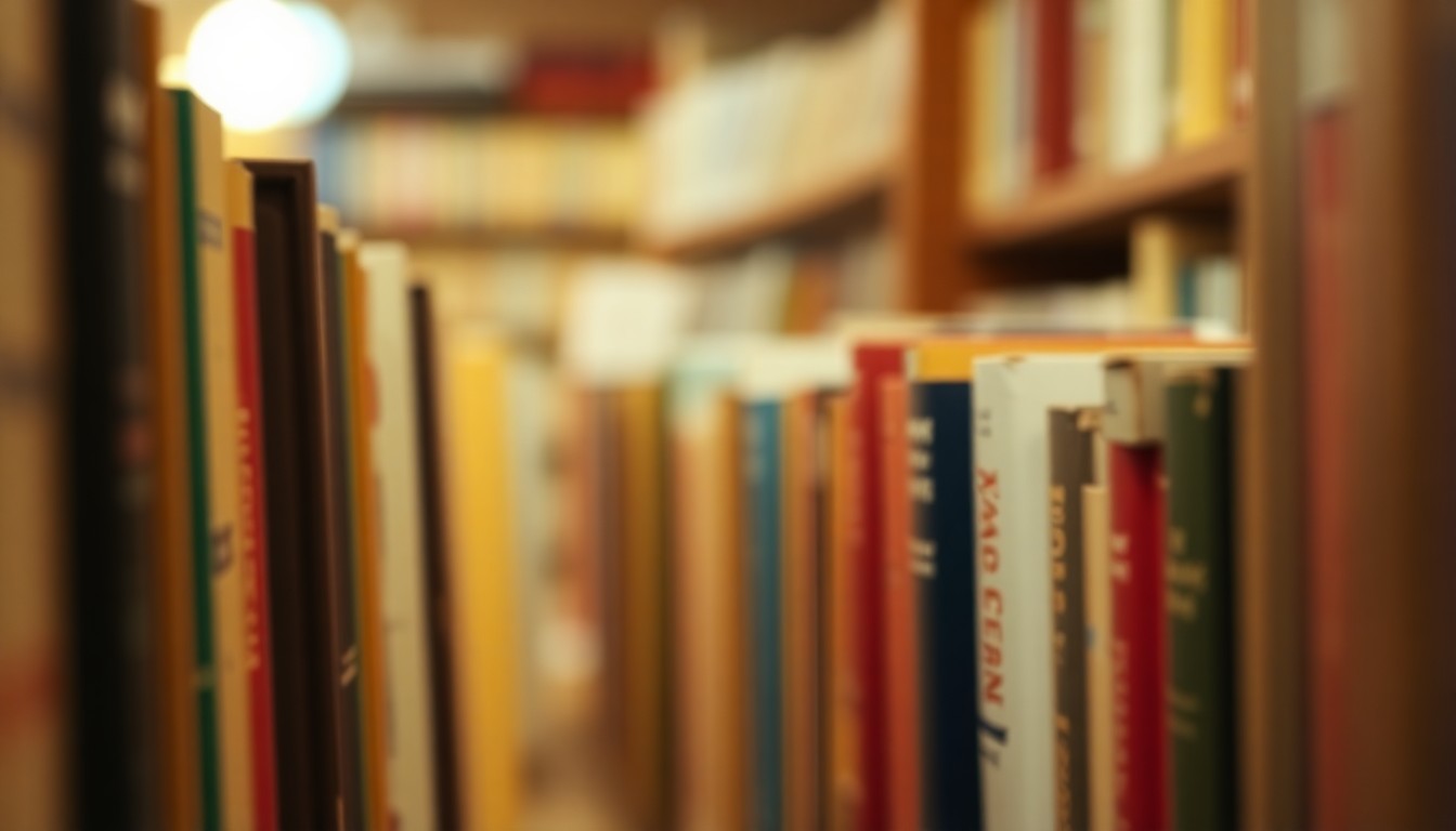 An abstract, out-of-focus photograph featuring a soft, warm palette of blurred book spines in various colors and textures, conveying the intimate, cozy atmosphere of browsing a used bookstore.