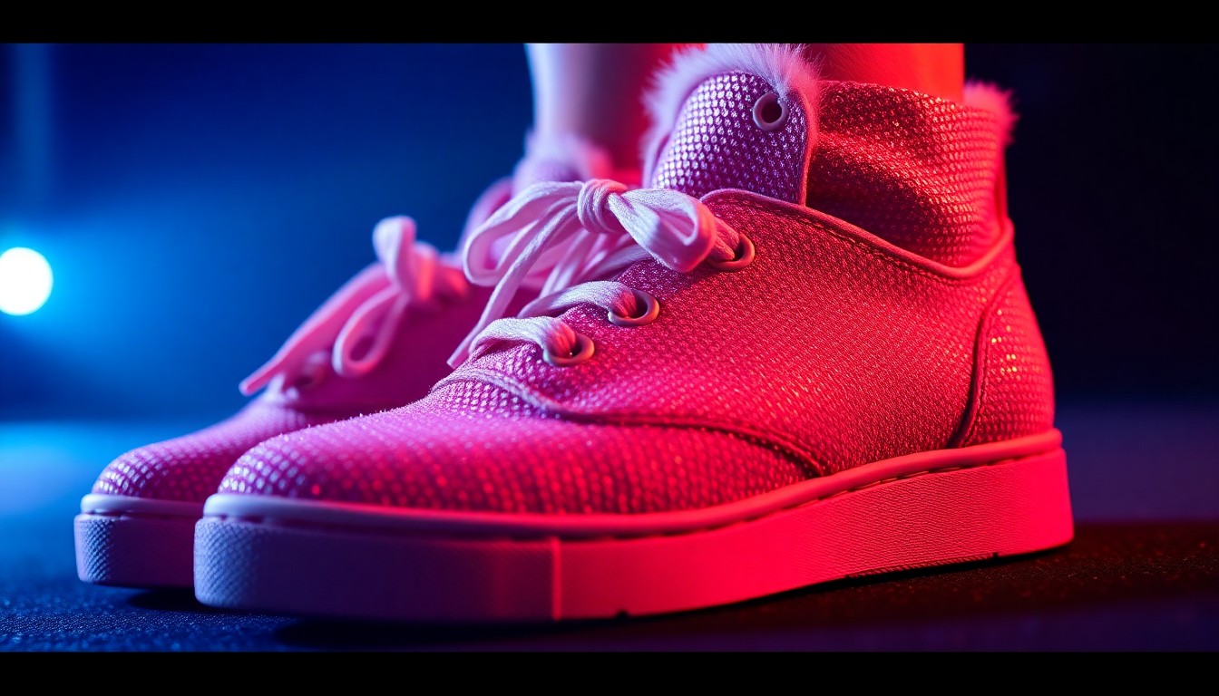 An extreme close-up photograph of the textured fabric and stitching of a pair of UGG ballet sneakers, shot in dramatic high-contrast studio lighting to create a glitzy, high-fashion aesthetic, conceptually representing the glamour and theatricality of PinkPantheress' Coachella performance.