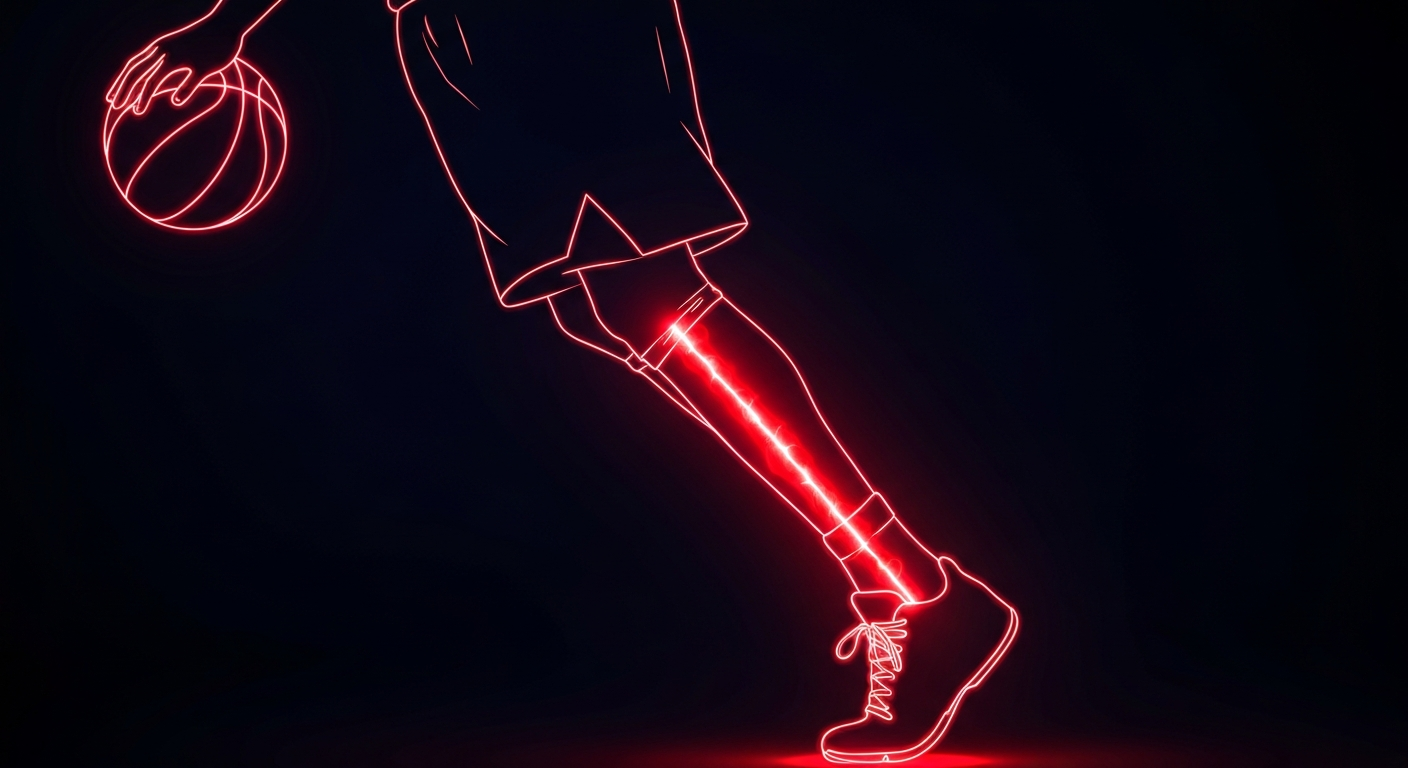 A minimalist neon outline of a basketball player's leg, with the Achilles tendon glowing red, against a dark background, conceptually representing the health challenges facing the injured NBA star.