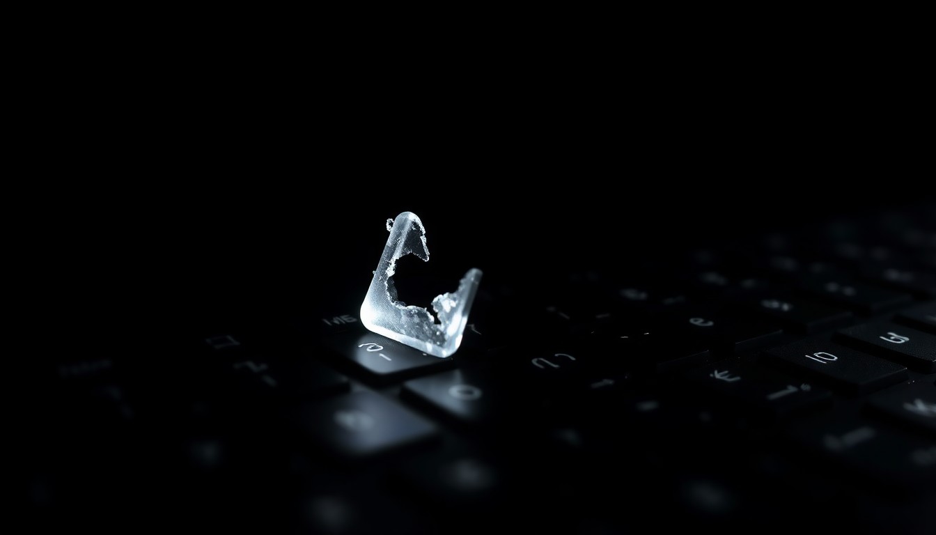 An extreme close-up photograph of a cracked and shattered computer key, dramatically lit by a harsh flash against a dark background, conceptually representing the damage caused by a global phishing operation.