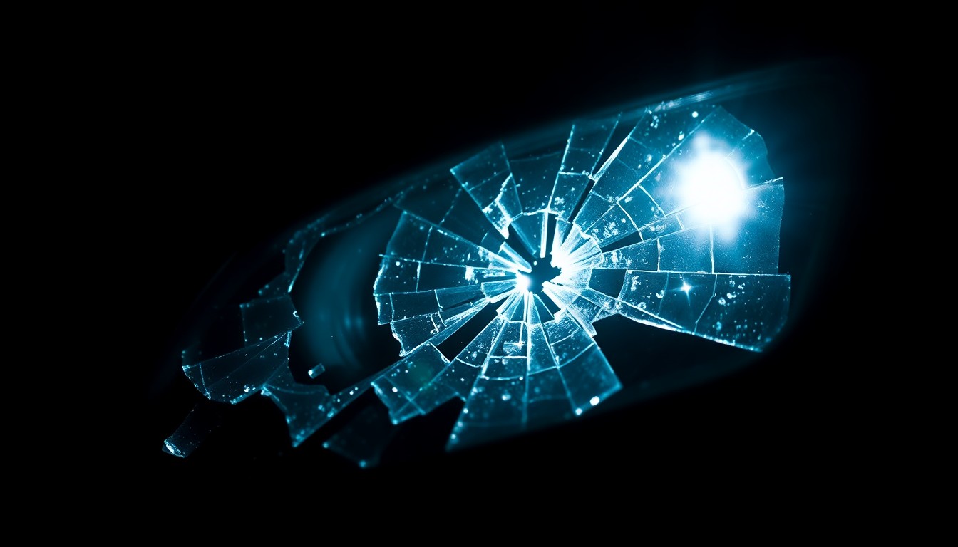 An extreme close-up photograph of a single piece of broken glass from a car windshield or headlight, filling the frame with its intricate, jagged texture and reflecting a faint light, conceptually illustrating the aftermath of a tragic traffic accident.